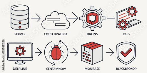 Illustration of a hacker attacking a network with various security threats Vector