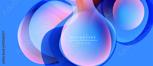 Abstract fluid shapes overlap, creating vibrant color gradients. Blue dominates background, with pinks, purples present. Modern design element.