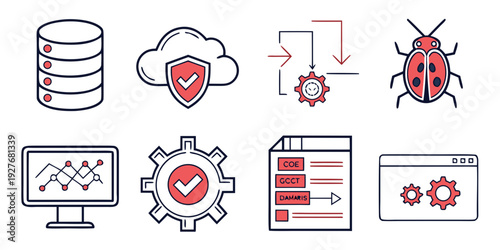 Illustrations of various cybersecurity icons representing data protection and network security Vector