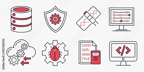A collection of icons representing various aspects of cybersecurity and digital protection. Vector