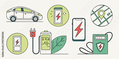 Illustration of various electric vehicle charging methods and technologies Vector