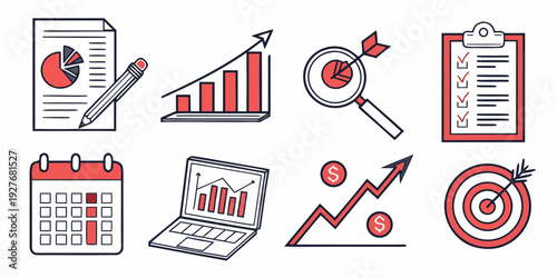 Icons representing various aspects of business and project management. Vector