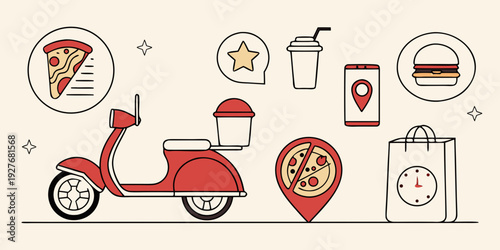A vibrant illustration of a red scooter with various food and drink icons surrounding it. Vector