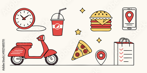 A vibrant illustration of various delivery and takeout icons. Vector