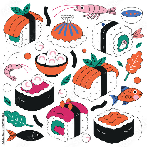 Asian Sushi and Dim Sum Food Illustration Set