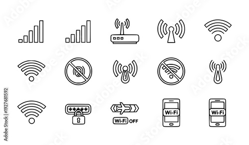 Monochrome WiFi line icon set wireless connectivity symbols vector isolated on white
