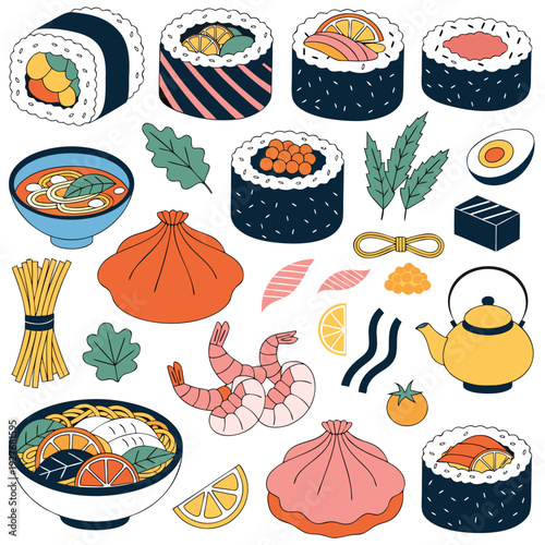 Asian Sushi and Dim Sum Food Illustration Set