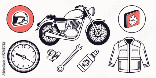 A collection of various items including a motorcycle, clock, and tools. Vector