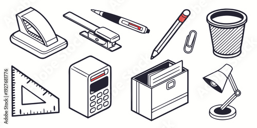 A collection of office supplies including a calculator, a telephone, and a trash can. Vector