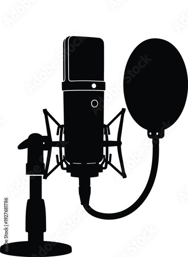 A black silhouette of a studio condenser microphone with a pop filter