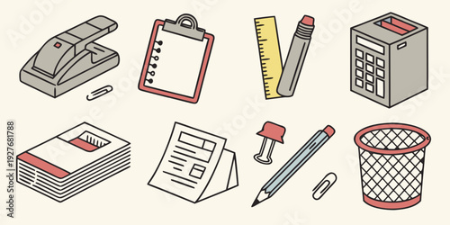 A diverse collection of office supplies neatly arranged on a white background. Vector