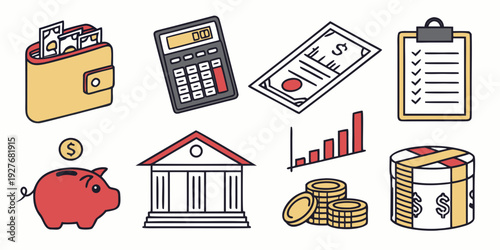 A collection of icons representing various aspects of finance and education. Vector