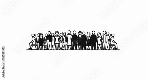 A diverse group of individuals stand together in a crowd, some seated, some standing