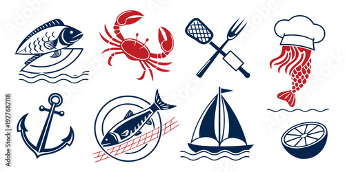 Assorted nautical and culinary symbols in a vintage style Vector