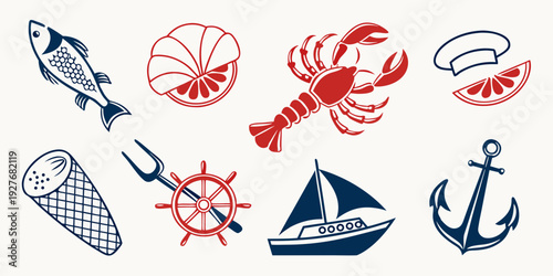 Assorted nautical-themed illustrations featuring anchors, seashells, and starfish Vector