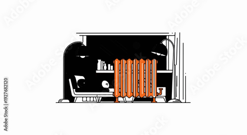 Cozy interior scene with radiator, sofa, lamps, and shelves