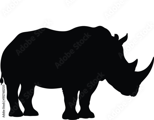Silhouette of a rhinoceros standing in profile against a white background