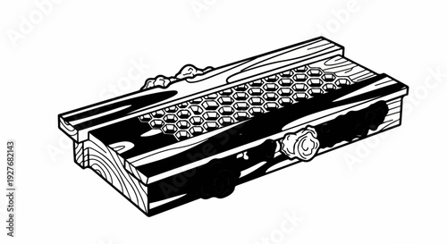 Detailed illustration of a wooden object with a honeycomb pattern and ornate knobs