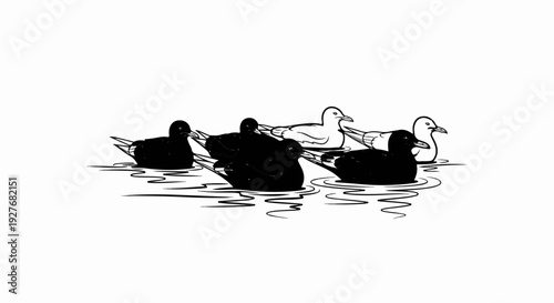 Four dark ducks and two white ducks swim on rippling water