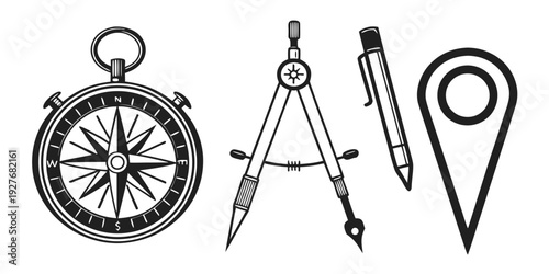 A collection of compass, protractor, and triangle tools for geometry and navigation Vector