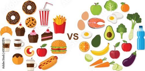 Junk Food vs Healthy Food Comparison Vector Illustration with Fast Food Snacks and Fresh Organic Nutrition Set
