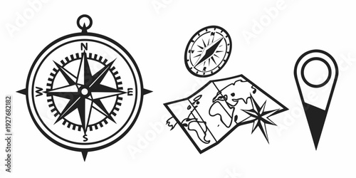 A compass, a map with a location marker, and a magnifying glass representing navigation and exploration. Vector