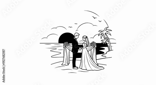 Couple holding hands at sunset on a tropical beach, wedding ceremony