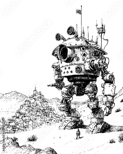 Giant mechanical robot made of riveted steel plates in a desert, vector illustration art