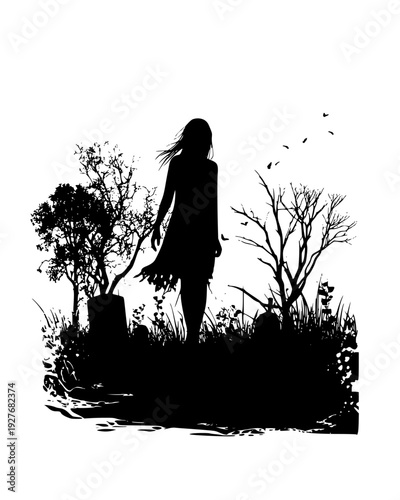 Ghostly figure in a tattered dress in a dark graveyard, vector illustration