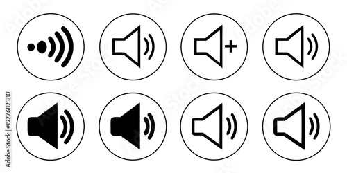 Various sound and audio volume control icons displayed in a row. Vector