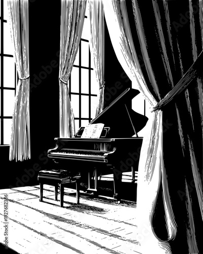 Grand piano in a sun drenched room with flowing fabric curtains, vector illustration