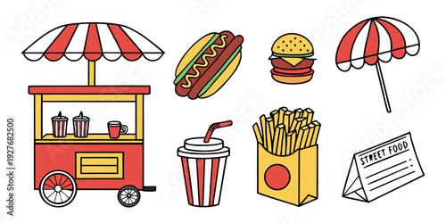 A vibrant and colorful assortment of carnival and fair food items. Vector