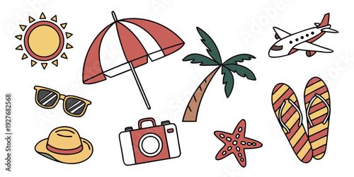 Assorted beach items including a sun umbrella, beach ball, and seashells Vector