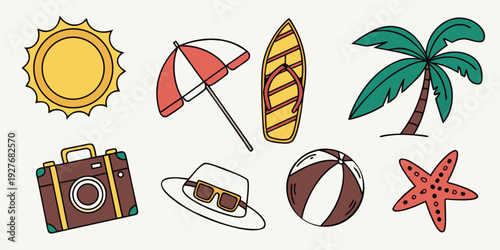 Vibrant summer icons showcasing tropical and beach themes with various objects Vector