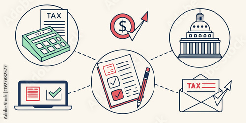 Illustration of various methods to pay taxes and government services. Vector