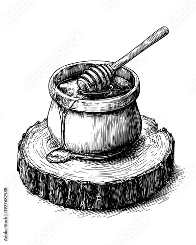 Honey pot and a wooden dipper on a rustic kitchen wood counter, vector illustration