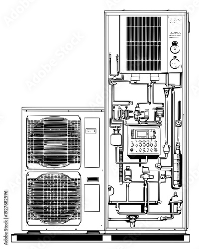 Hybrid heat pump system with the backup furnace components, vector design