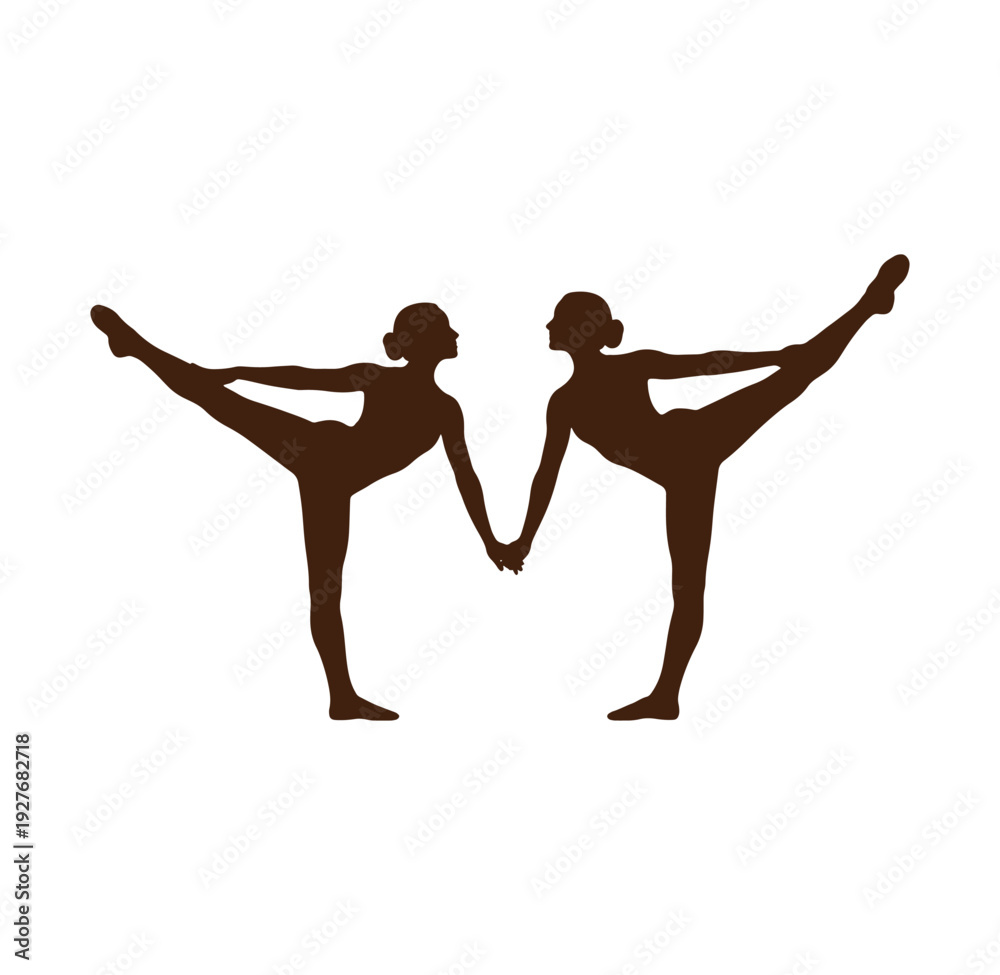 Obraz premium two women in dance poses holding hands in brown silhouette on white background