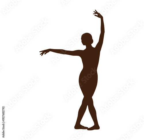 woman in dance pose with one arm raised and the other extended sideways on white background