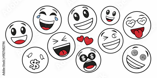 A diverse collection of expressive emoticons showcasing various emotions and reactions Vector