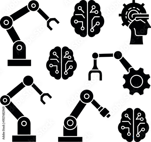 Robot arms, brain icons, and VR headset silhouette