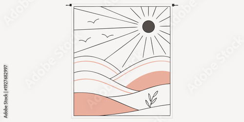 A serene landscape with a bright sun and gentle waves reflecting on the water Vector