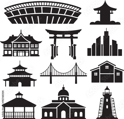 Architecture landmark silhouette collection featuring stadium bridge tower and world buildings