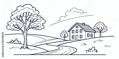 A serene countryside scene with a house, trees, and a winding path Vector