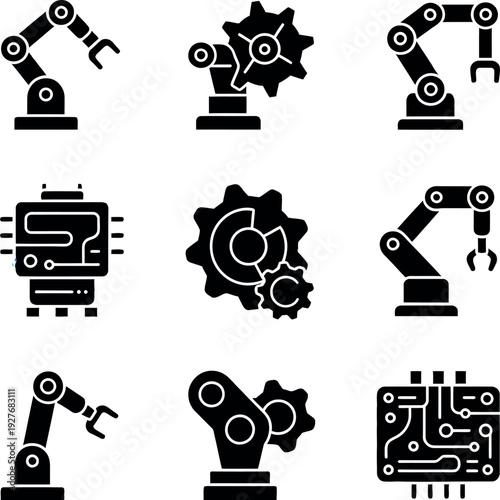 Robotic arms and gear icons with circuit elements robot arm