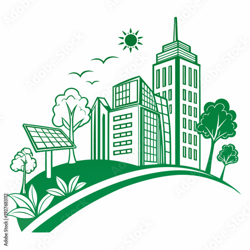 A green and white drawing of a city with solar panels and trees