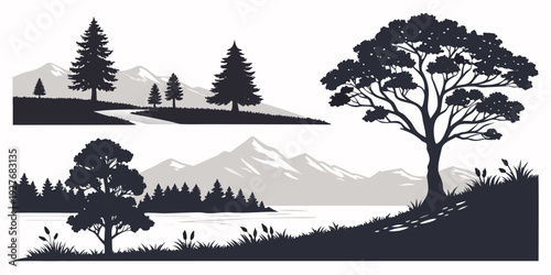 A serene landscape with rolling hills and a variety of trees in the background Vector