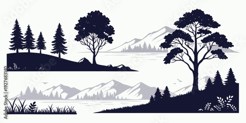 A serene landscape with trees and mountains under a starry night sky Vector