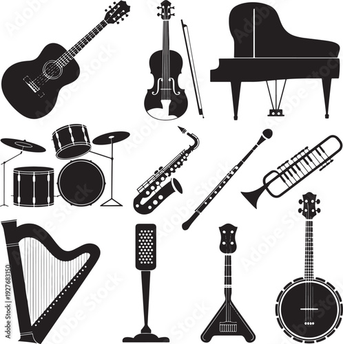 Assorted musical instruments icons featuring guitar violin piano saxophone and drums