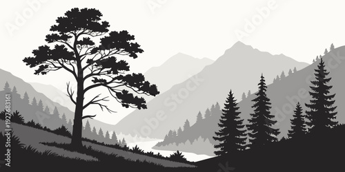A solitary tree stands tall amidst a mountain range under a clear sky Vector